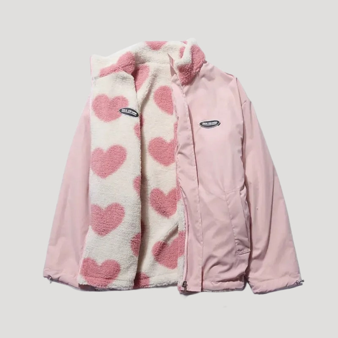 Women’s Reversible Fleece Jacket | Heart Print Design and Cosy Comfort