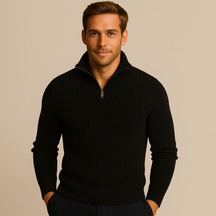 Men’s Knitted Quarter Zip Sweater – Tailored Fit with Ribbed Texture
