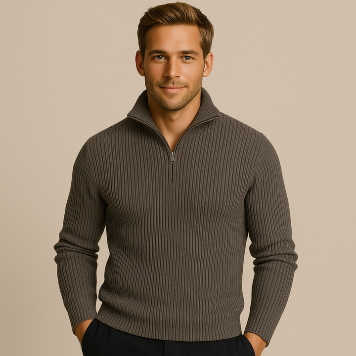 Men’s Knitted Quarter Zip Sweater – Tailored Fit with Ribbed Texture