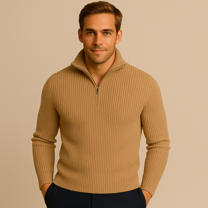 Men’s Knitted Quarter Zip Sweater – Tailored Fit with Ribbed Texture