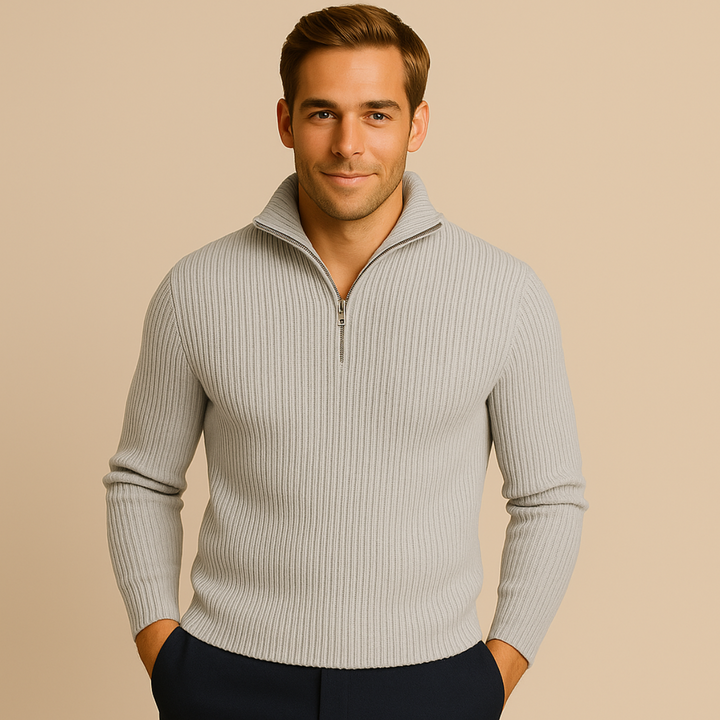 Men’s Knitted Quarter Zip Sweater – Tailored Fit with Ribbed Texture