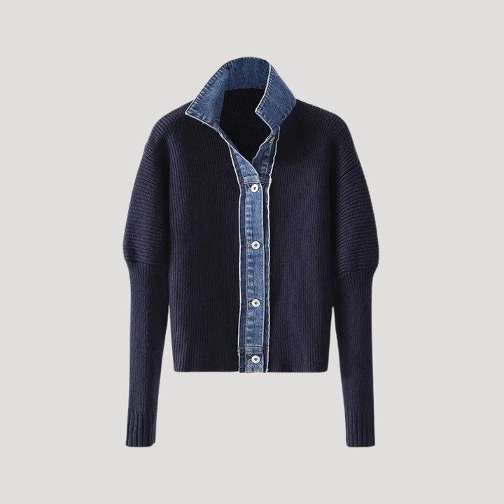 Women’s Knit Cardigan with Denim Trim | Elegant Contrast and Modern Style