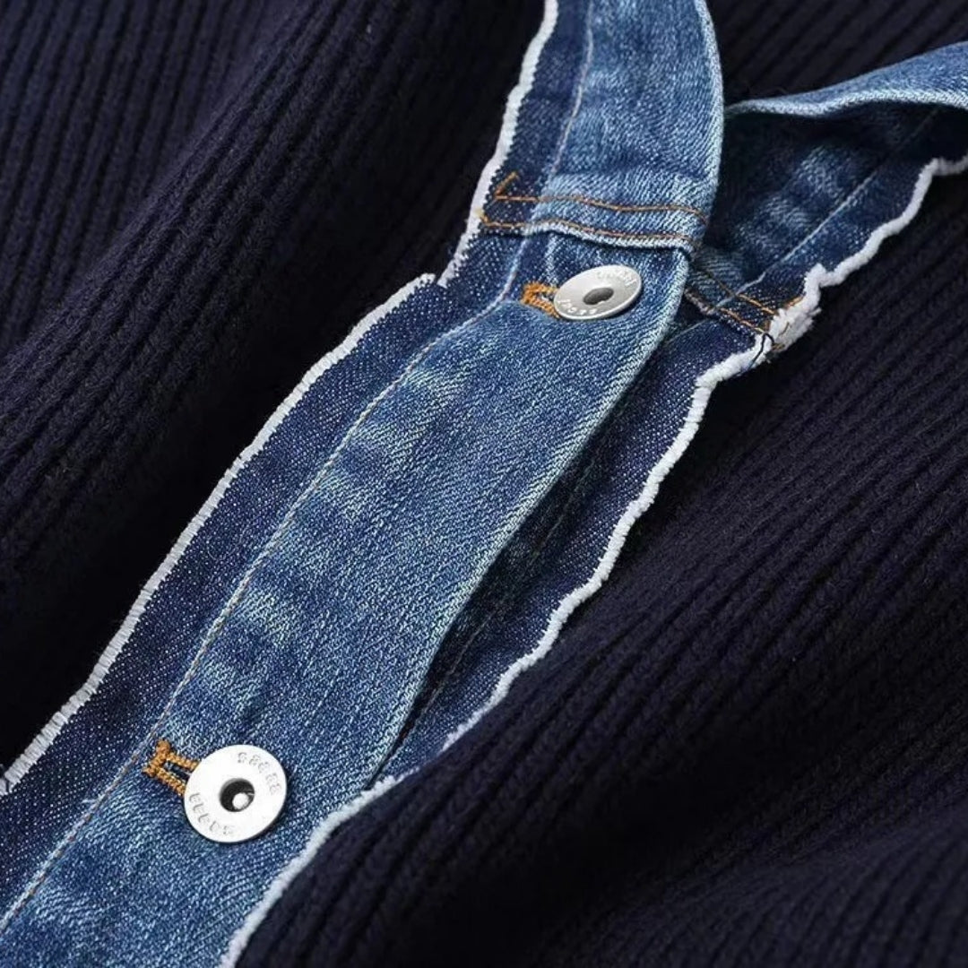 Women’s Knit Cardigan with Denim Trim | Elegant Contrast and Modern Style