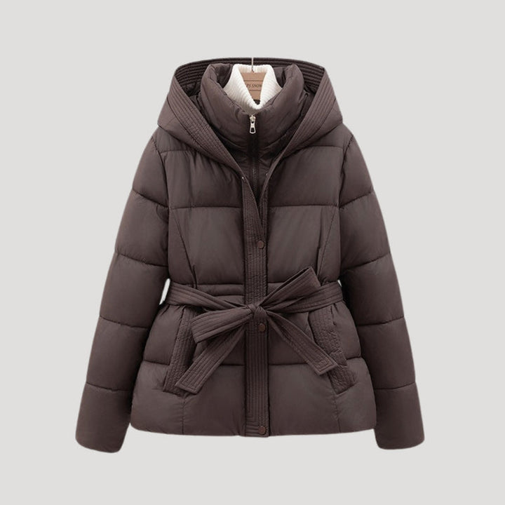 Women’s Short Puffer Jacket | Belted Padded Coat with Hood