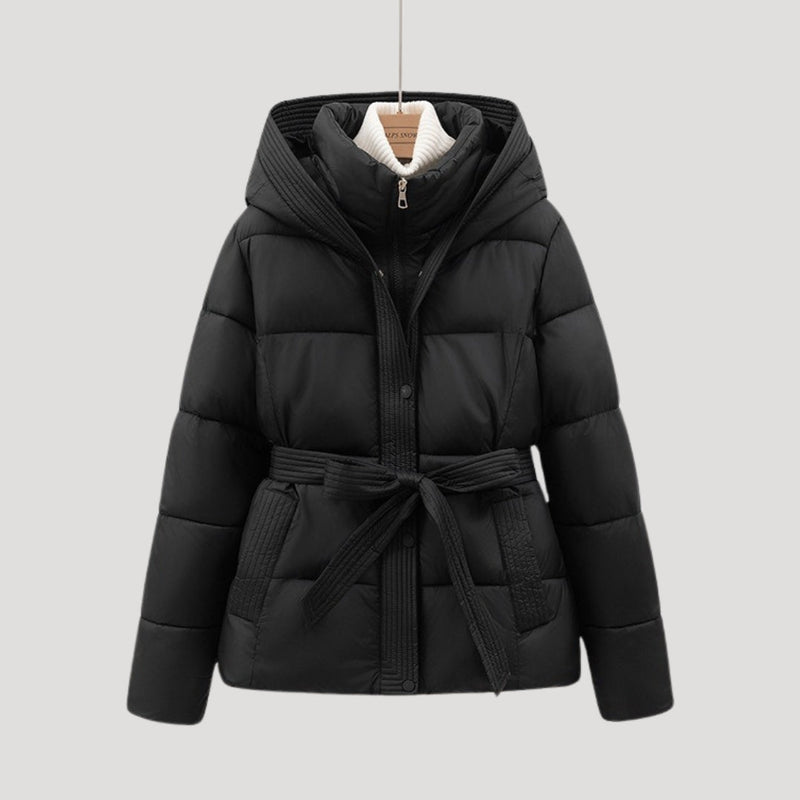 Women’s Short Puffer Jacket | Belted Padded Coat with Hood