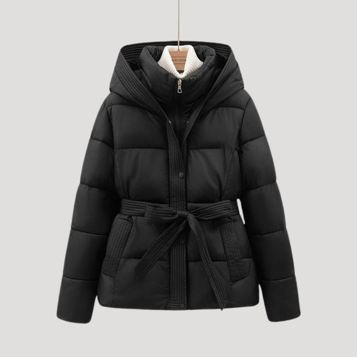 Women’s Short Puffer Jacket | Belted Padded Coat with Hood