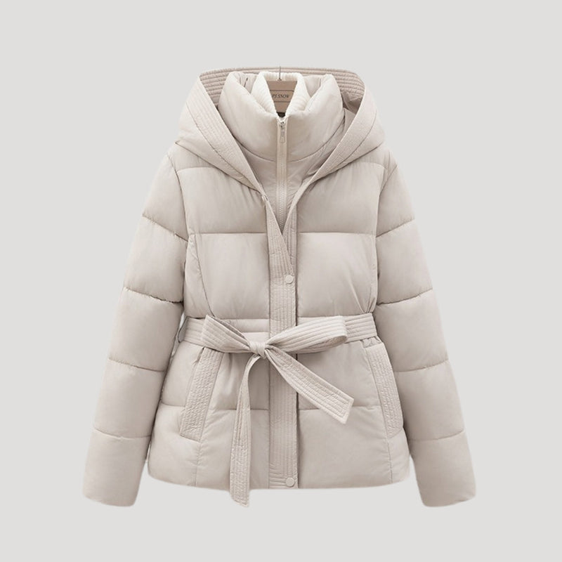 Women’s Short Puffer Jacket | Belted Padded Coat with Hood