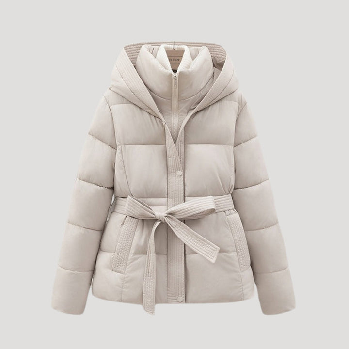 Women’s Short Puffer Jacket | Belted Padded Coat with Hood