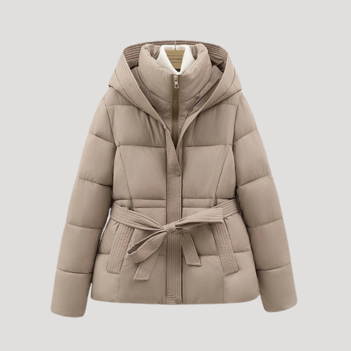 Women’s Short Puffer Jacket | Belted Padded Coat with Hood