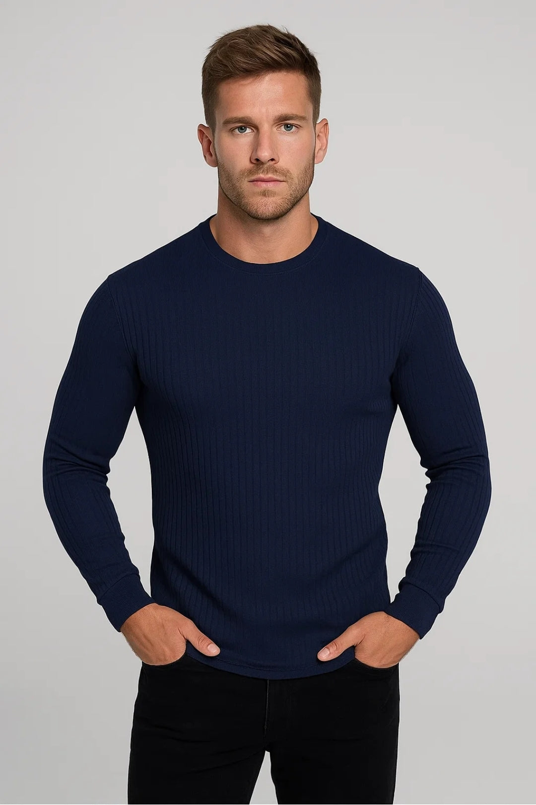 Men’s Slim Fit Long Sleeve Top – Ribbed Crew Neck Shirt
