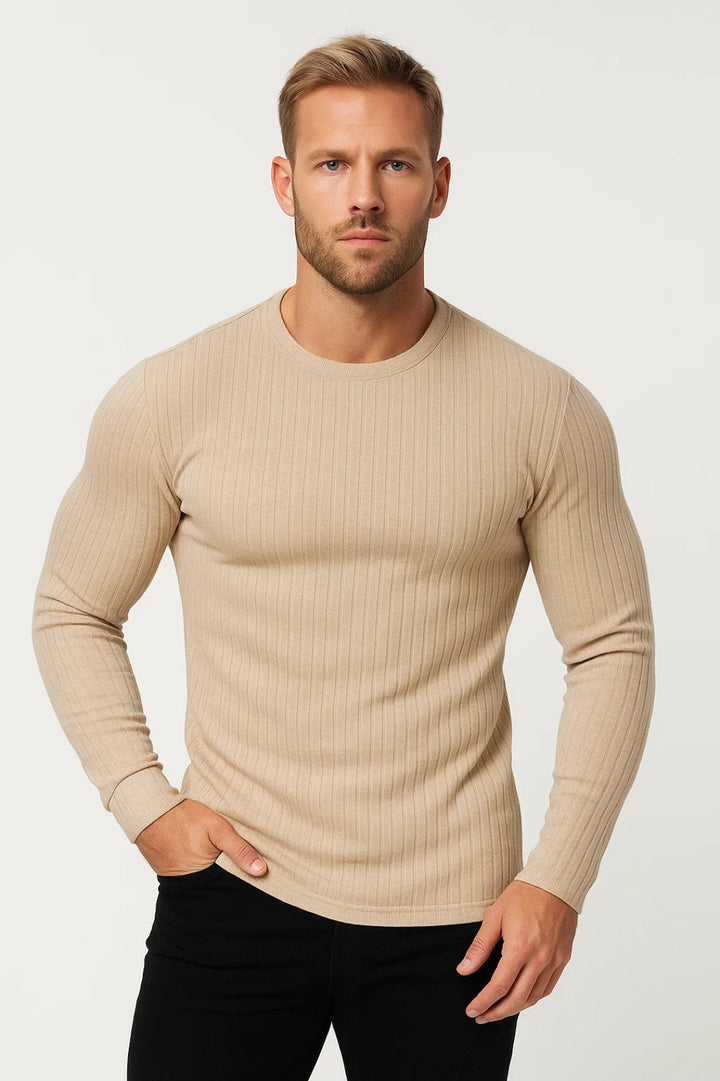 Men’s Slim Fit Long Sleeve Top – Ribbed Crew Neck Shirt
