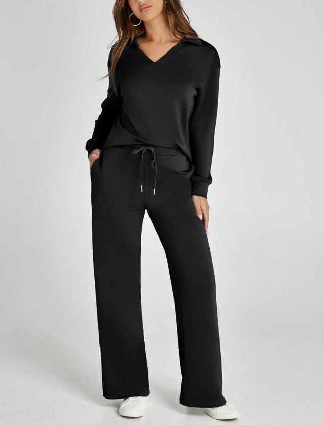 Women’s Casual Two-Piece Set with Zip-Neck Top and Wide-Leg Trousers