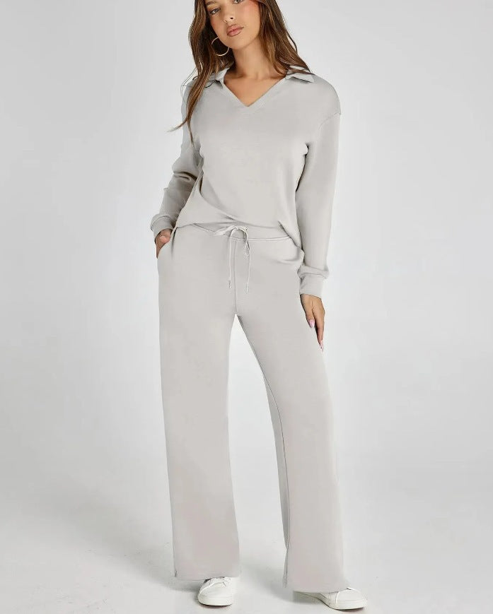 Women’s Casual Two-Piece Set with Zip-Neck Top and Wide-Leg Trousers