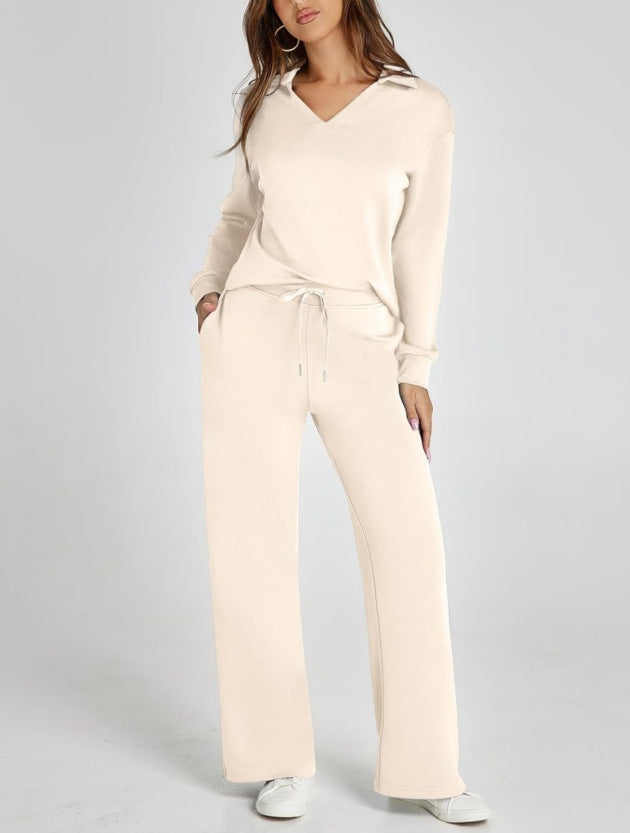 Women’s Casual Two-Piece Set with Zip-Neck Top and Wide-Leg Trousers
