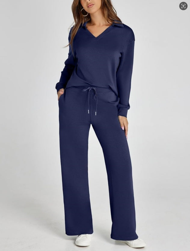 Women’s Casual Two-Piece Set with Zip-Neck Top and Wide-Leg Trousers