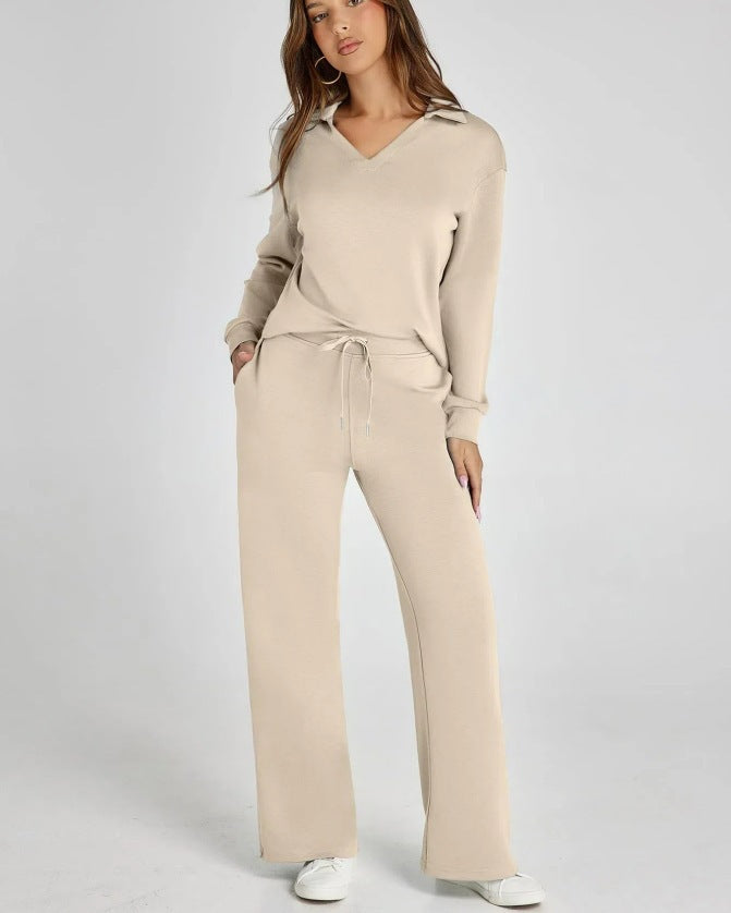 Women’s Casual Two-Piece Set with Zip-Neck Top and Wide-Leg Trousers