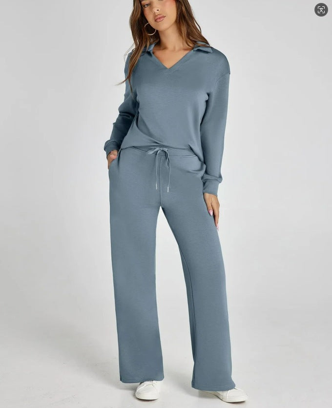 Women’s Casual Two-Piece Set with Zip-Neck Top and Wide-Leg Trousers