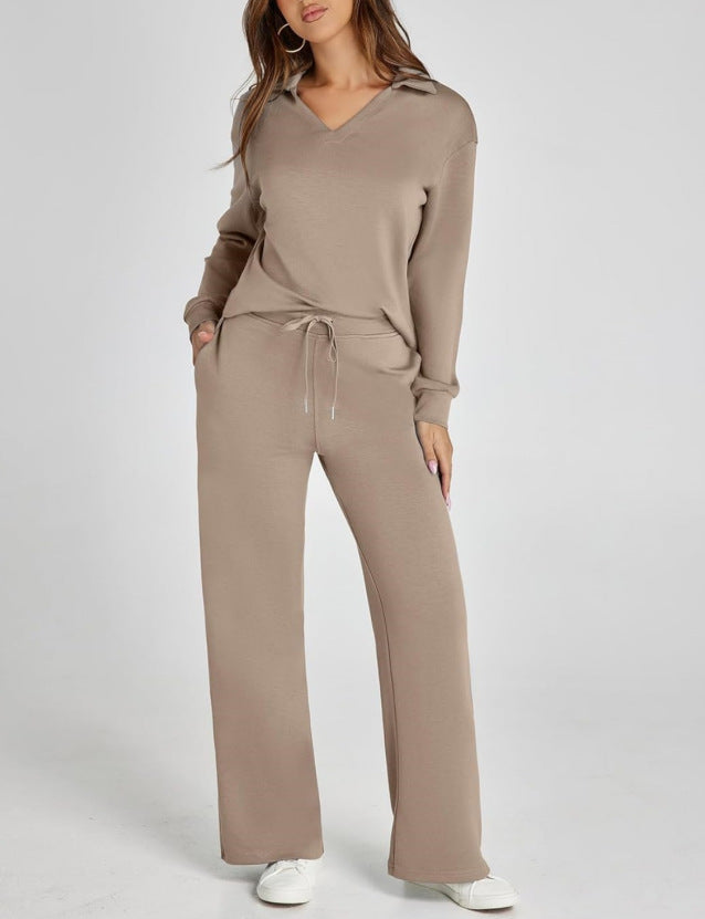Women’s Casual Two-Piece Set with Zip-Neck Top and Wide-Leg Trousers