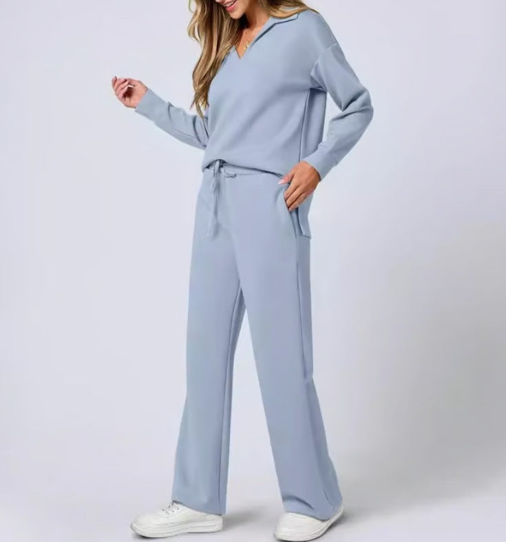 Women’s Casual Two-Piece Set with Zip-Neck Top and Wide-Leg Trousers
