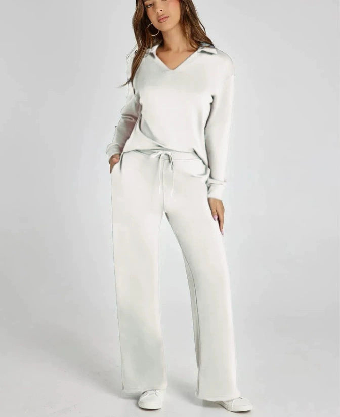 Women’s Casual Two-Piece Set with Zip-Neck Top and Wide-Leg Trousers