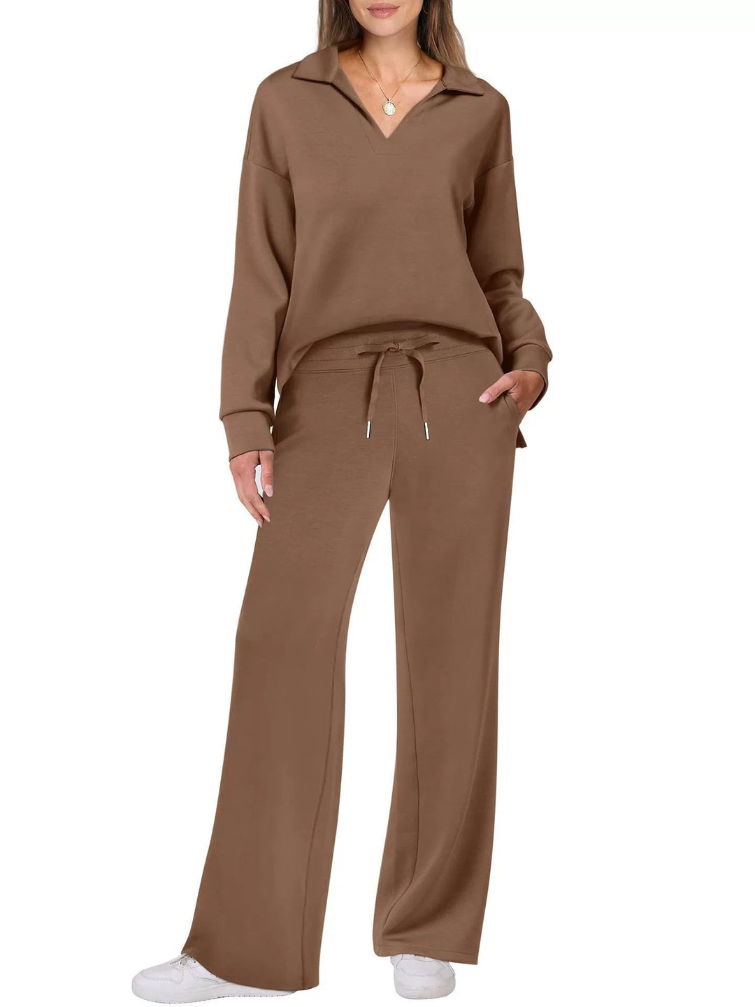 Women’s Casual Two-Piece Set with Zip-Neck Top and Wide-Leg Trousers