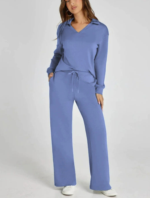 Women’s Casual Two-Piece Set with Zip-Neck Top and Wide-Leg Trousers
