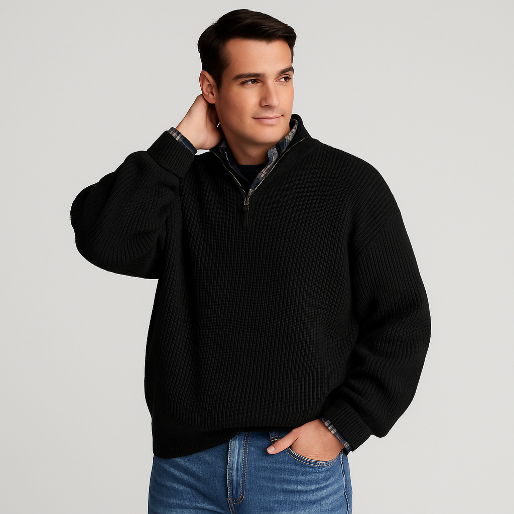 Men’s Ribbed Quarter Zip Knit – Stand Collar Smart Layer