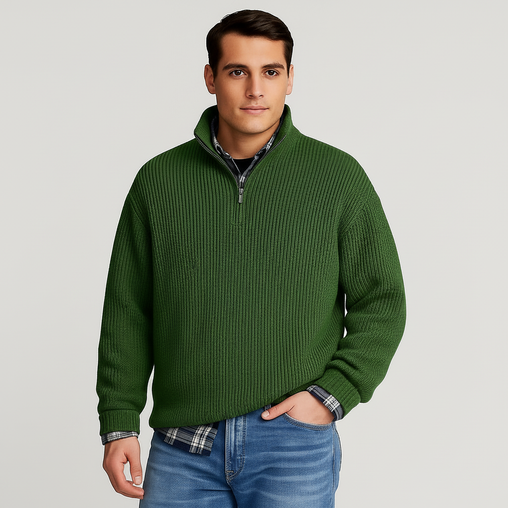 Men’s Ribbed Quarter Zip Knit – Stand Collar Smart Layer