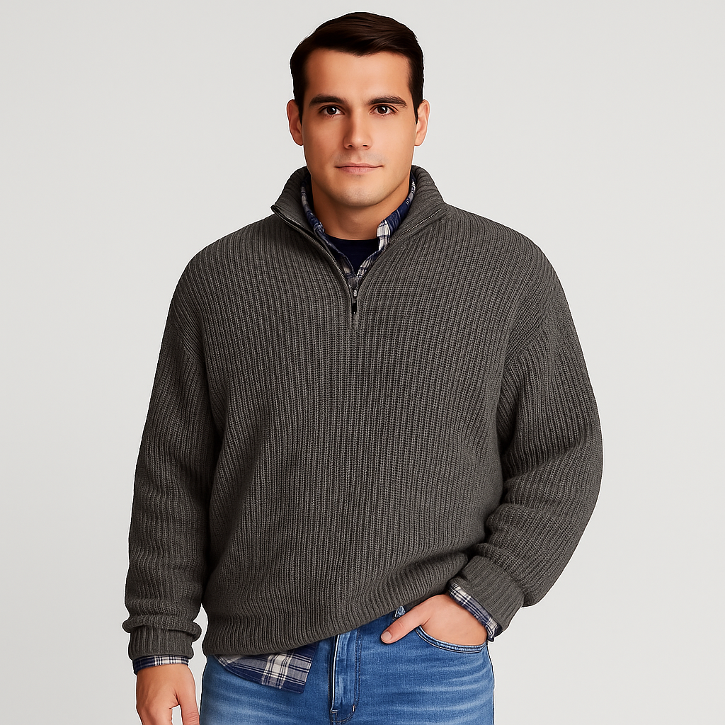 Men’s Ribbed Quarter Zip Knit – Stand Collar Smart Layer