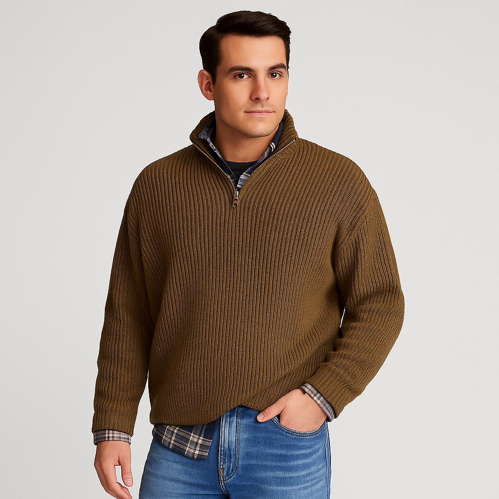 Men’s Ribbed Quarter Zip Knit – Stand Collar Smart Layer
