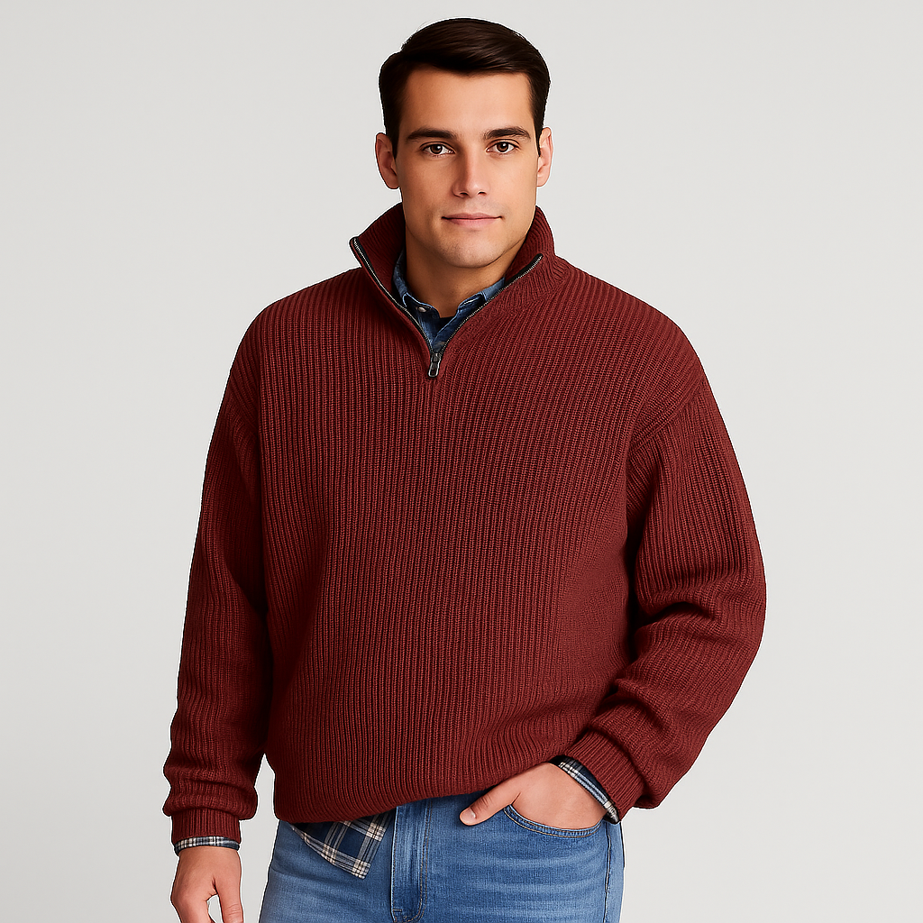 Men’s Ribbed Quarter Zip Knit – Stand Collar Smart Layer