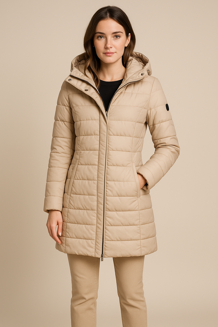 Women’s Long Quilted Puffer Jacket with Detachable Hood – Slim Fit Winter Coat
