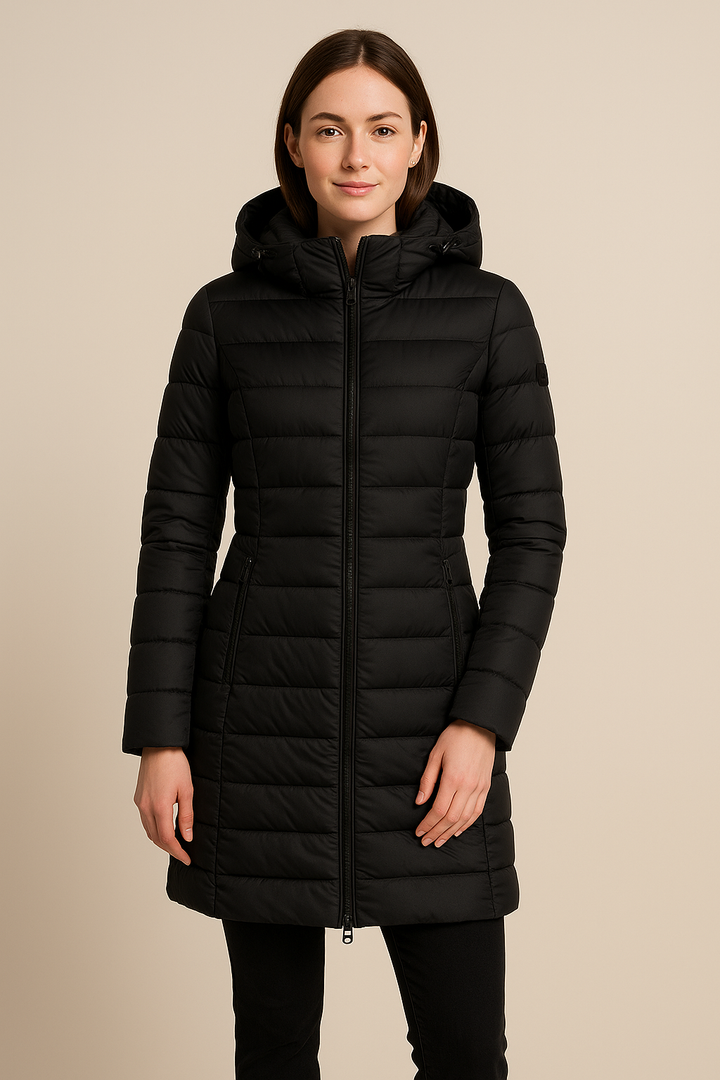 Women’s Long Quilted Puffer Jacket with Detachable Hood – Slim Fit Winter Coat