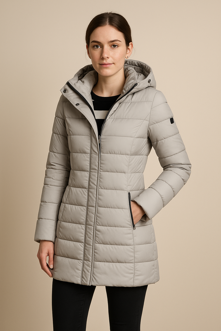 Women’s Long Quilted Puffer Jacket with Detachable Hood – Slim Fit Winter Coat