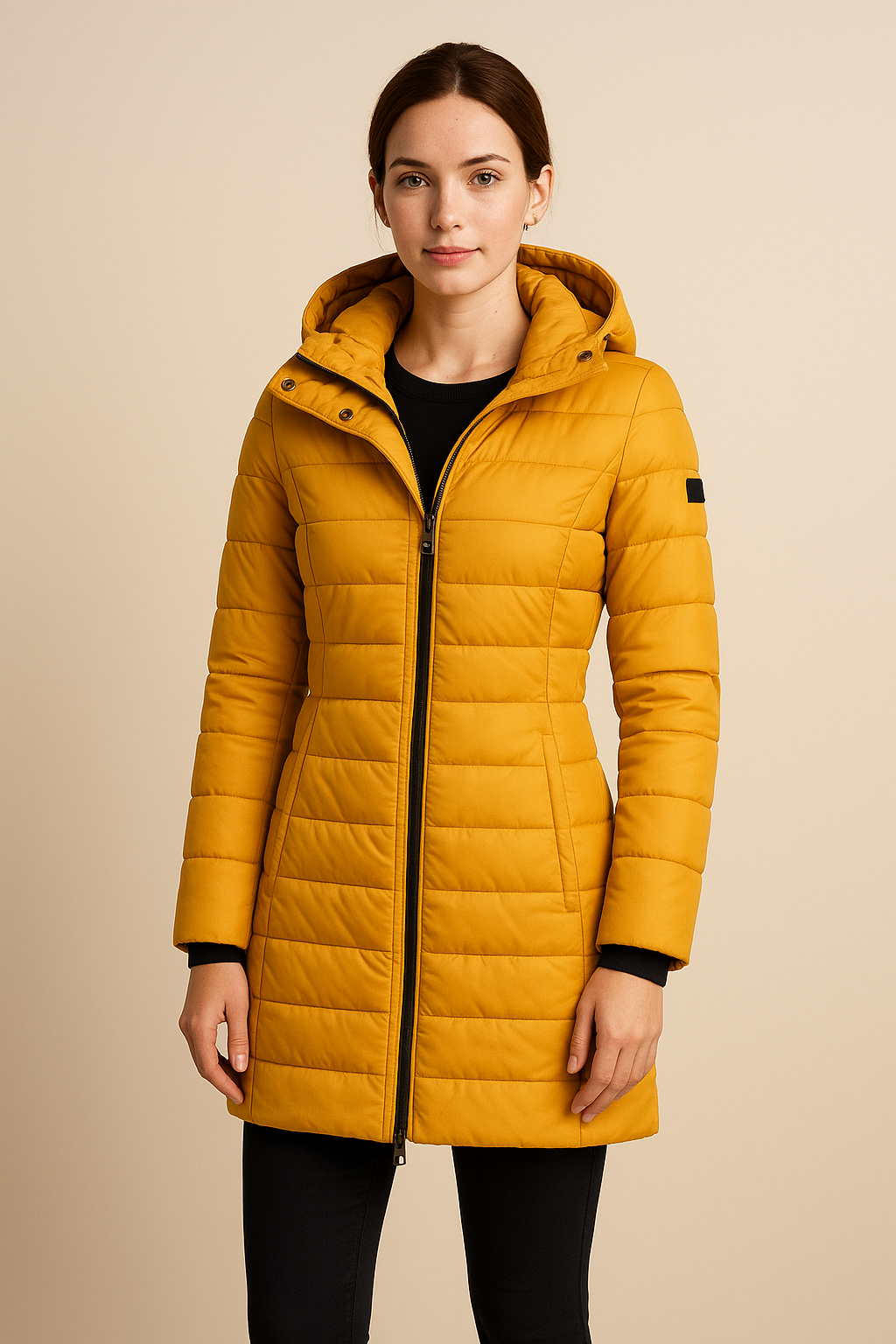 Women’s Long Quilted Puffer Jacket with Detachable Hood – Slim Fit Winter Coat