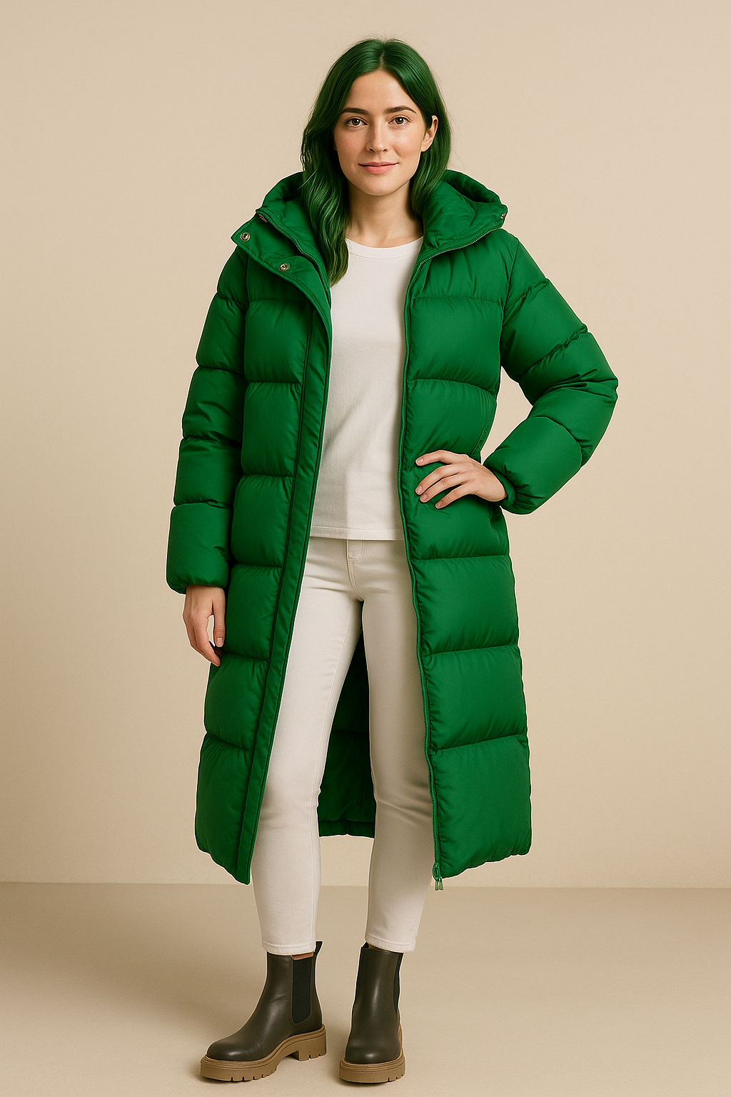 Women’s Oversized Quilted Puffer Jacket with High Collar and Full Zip