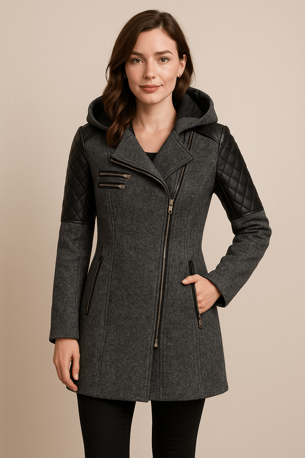 Women’s Tailored Jacket with Quilted Sleeves and Asymmetrical Zip Hooded Design