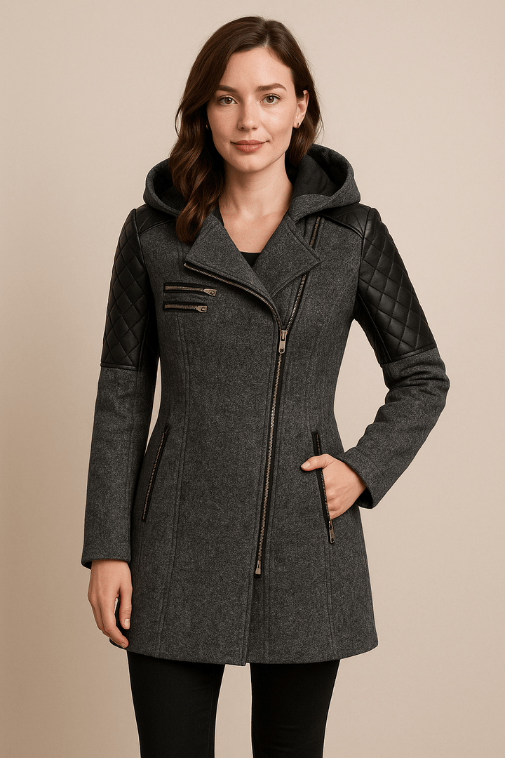 Women’s Tailored Jacket with Quilted Sleeves and Asymmetrical Zip Hooded Design