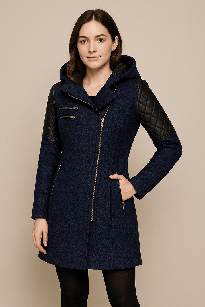 Women’s Tailored Jacket with Quilted Sleeves and Asymmetrical Zip Hooded Design