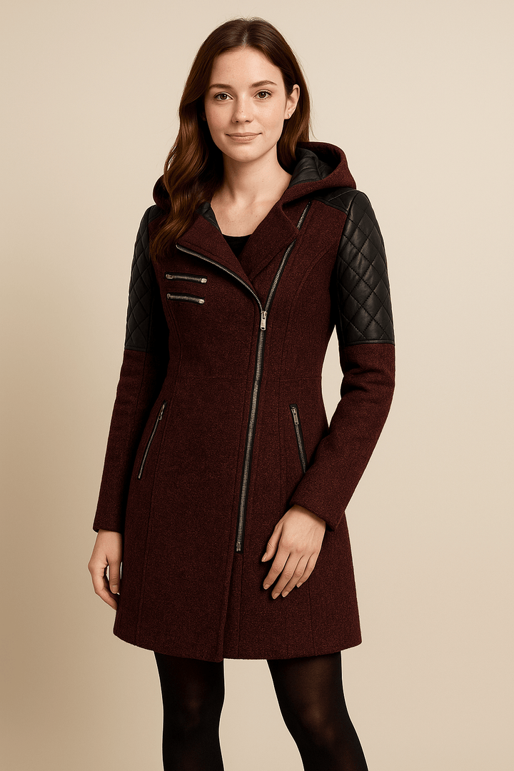 Women’s Tailored Jacket with Quilted Sleeves and Asymmetrical Zip Hooded Design