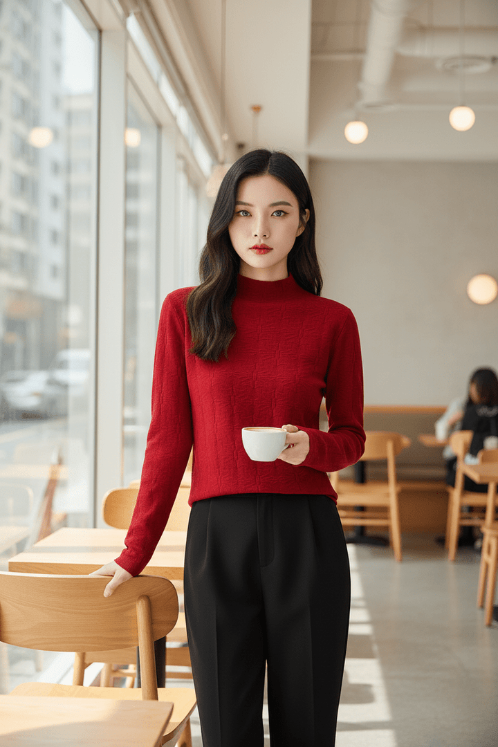 Women’s Textured Knit Jumper with Mock Neck and Slim Fit