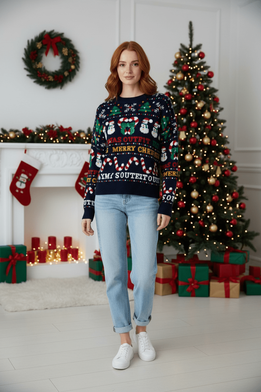 Women’s Cropped Jacquard Knit Jumper with Festive Graphic