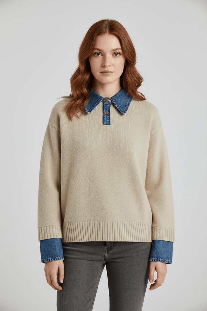 Women’s Relaxed Fit Knit Jumper with Denim Collar and Cuffs