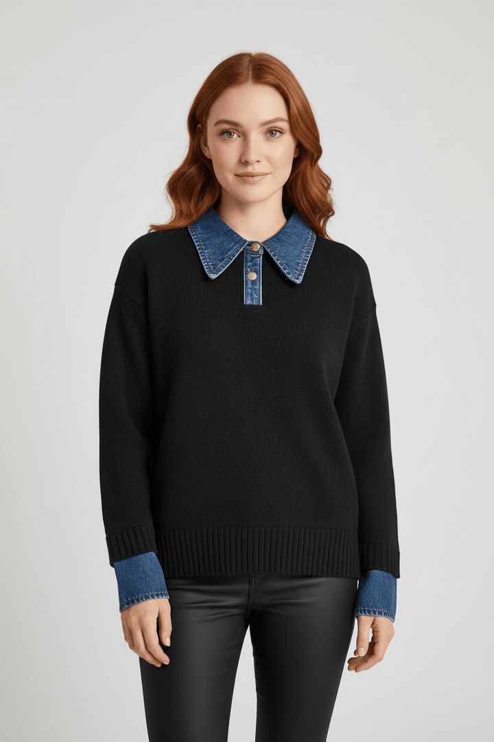 Women’s Relaxed Fit Knit Jumper with Denim Collar and Cuffs