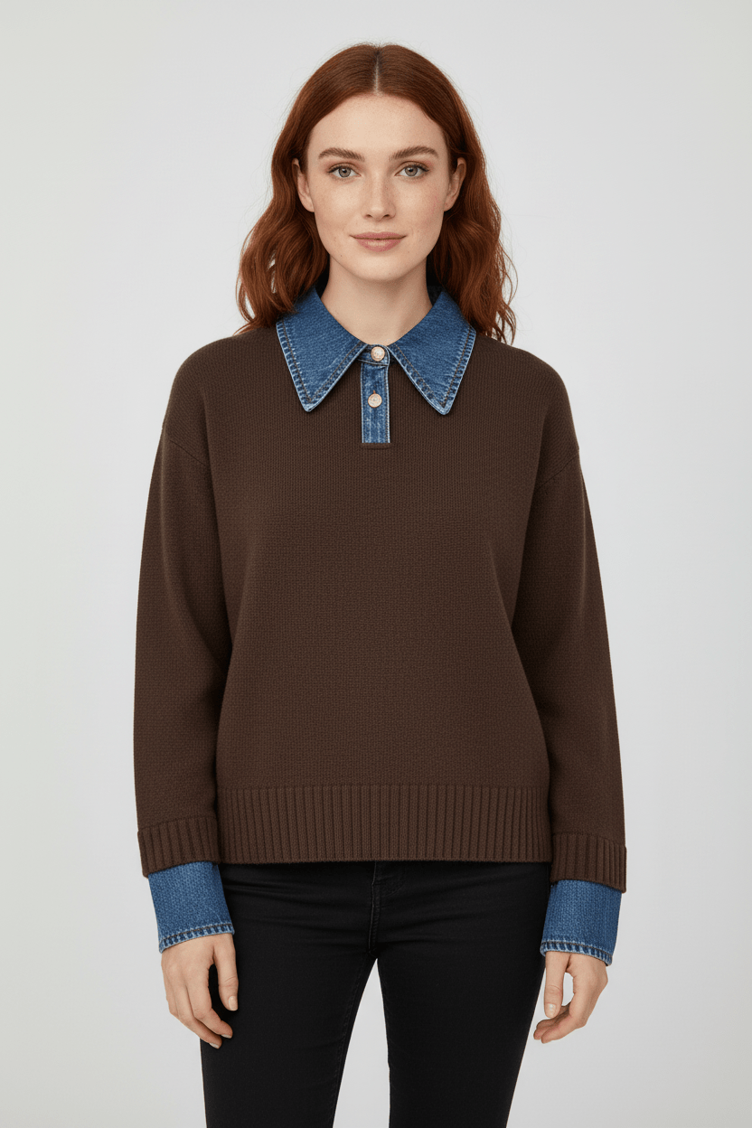 Women’s Relaxed Fit Knit Jumper with Denim Collar and Cuffs