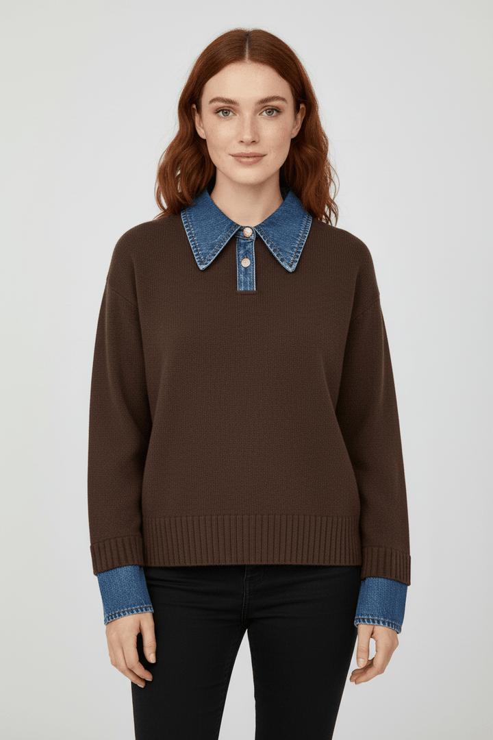 Women’s Relaxed Fit Knit Jumper with Denim Collar and Cuffs