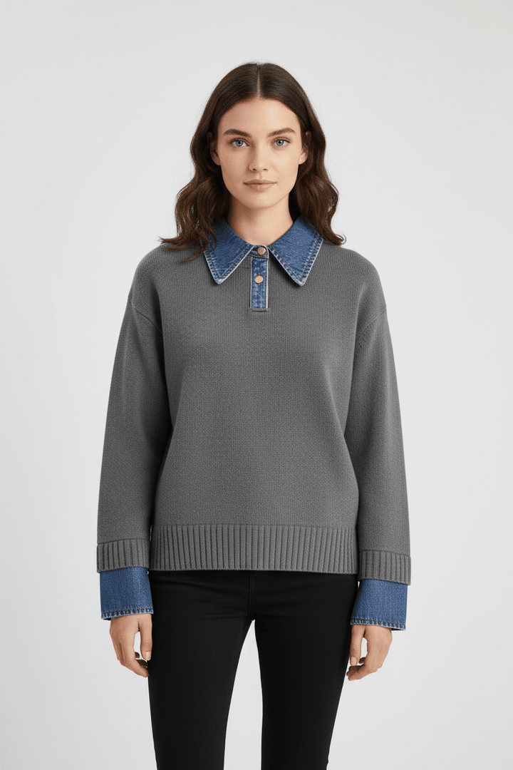 Women’s Relaxed Fit Knit Jumper with Denim Collar and Cuffs