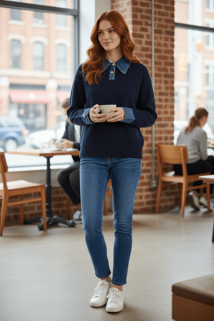Women’s Relaxed Fit Knit Jumper with Denim Collar and Cuffs