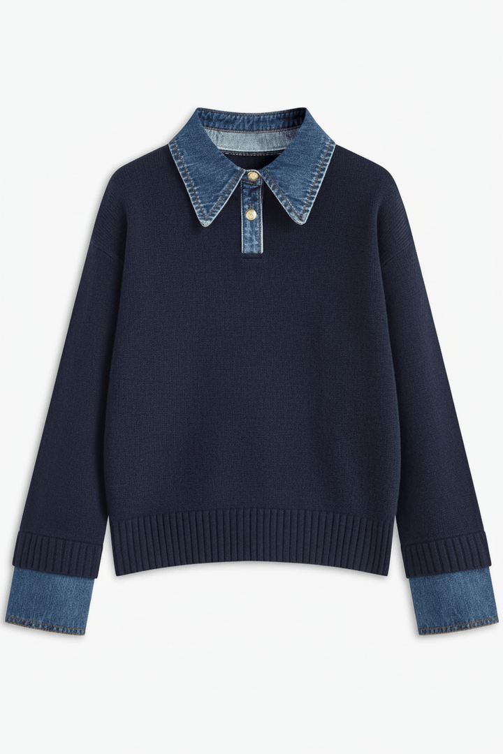 Women’s Relaxed Fit Knit Jumper with Denim Collar and Cuffs
