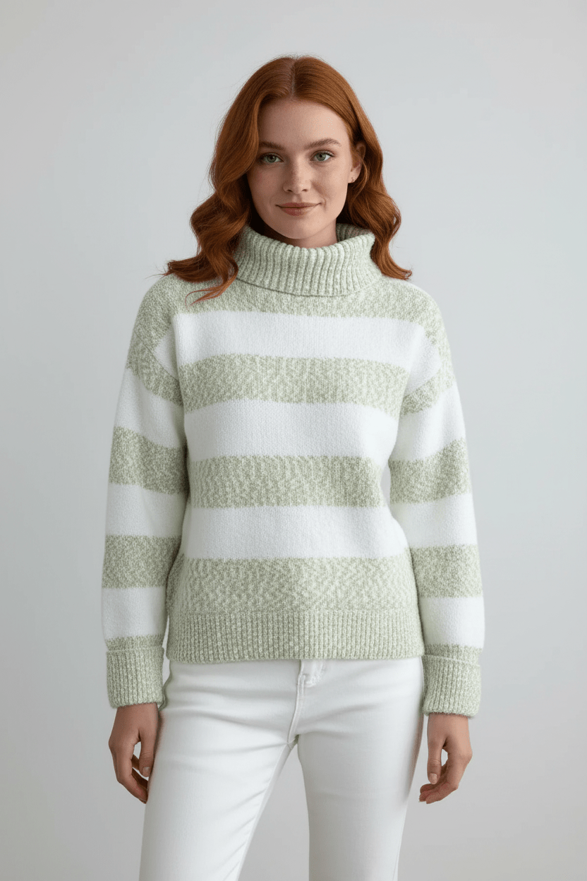 Women’s Plush Knit Jumper with Ribbed Turtleneck and Striped Texture